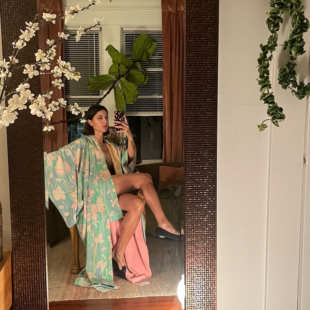 Antique vintage 50s silk kimono floral kyoto pale neon unicorn 90s Lisa Frank